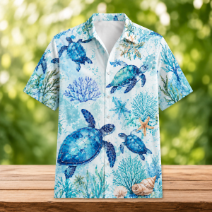 Alternative view of Watercolor Sea Turtle Reef Hawaiian Shirt