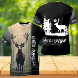 Customize Name Deer Hunting In The Forest Black White 3D T-Shirt