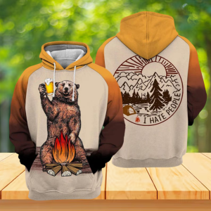 Funny Bear Camping Hoodie, I Hate People Beer Campfire Graphic Unisex All Over Hoodie