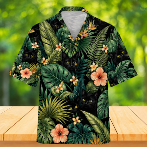 Alternative view of Hidden Black Cat Jungle Hawaiian Shirt