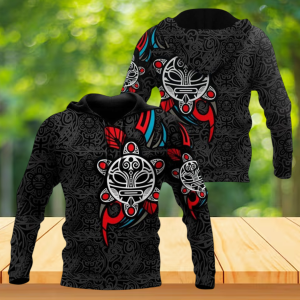 Tribal Turtle Black Red Teal Tiki Mask All Over Hoodie