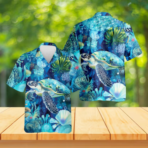 Turtle Coral Hawaiian Shirt, Sea Turtle Aloha Shirt