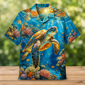 Alternative view of Sunlit Sea Turtle Reef Hawaiian Shirt