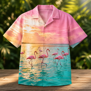 Alternative view of Sunset Flamingo Lagoon Hawaiian Shirt