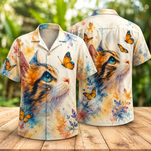 Watercolor Cat Butterfly Hawaiian Shirt