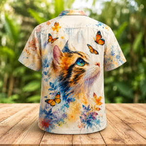 Alternative view of Watercolor Cat Butterfly Hawaiian Shirt